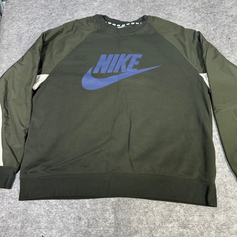 Nike Mens XL Olive Green Blue Graphic Logo Colorblock Fleece Crewneck Sweatshirt